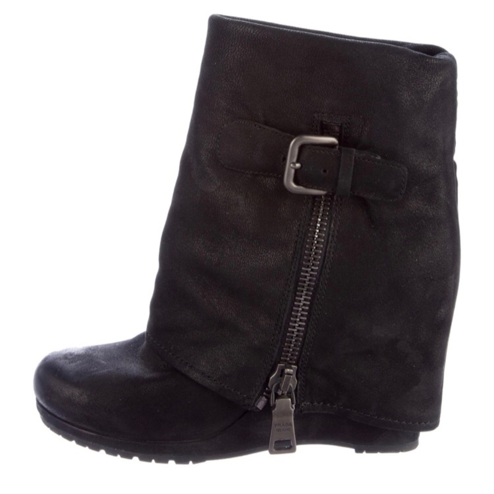 ❌SOLD❌ Prada Black leather fold-over wedge boots.